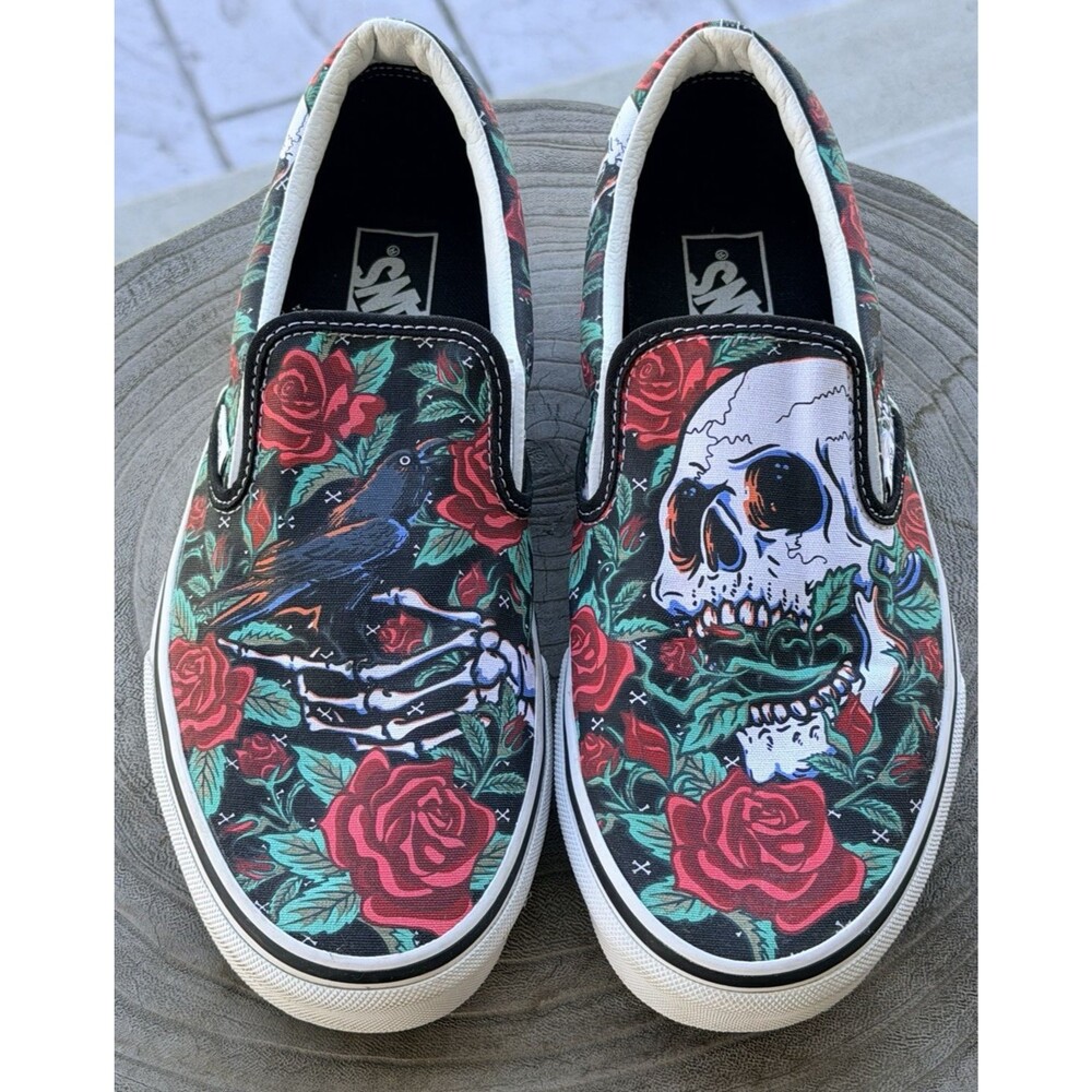VANS UNISEX RED ROSE SKULL SKELETON SLIP ON SHOES MEN'S SZ 9 Woman 10.5